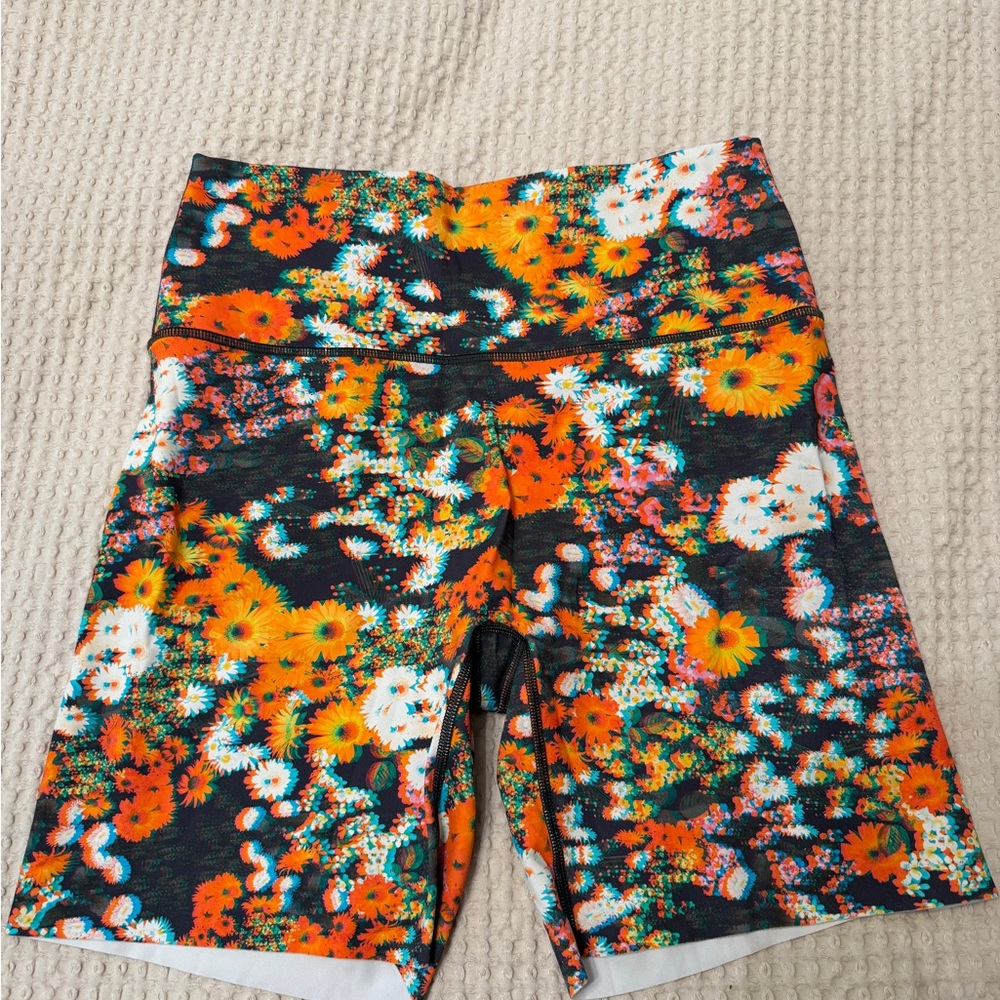 Aerie Orange and Black Bike Shorts with Vibrant Floral Design